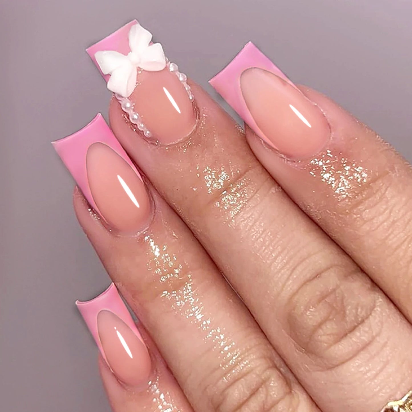 White French 3D Bow Press-On Nails – Classic Glam