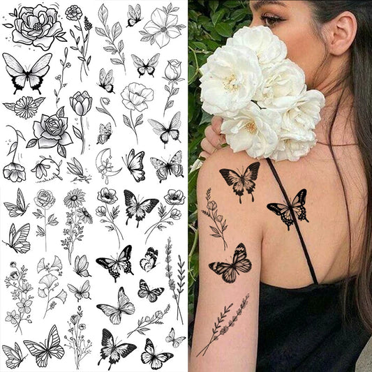 Black Bloom Temporary Tattoo – Rose & Peony Art