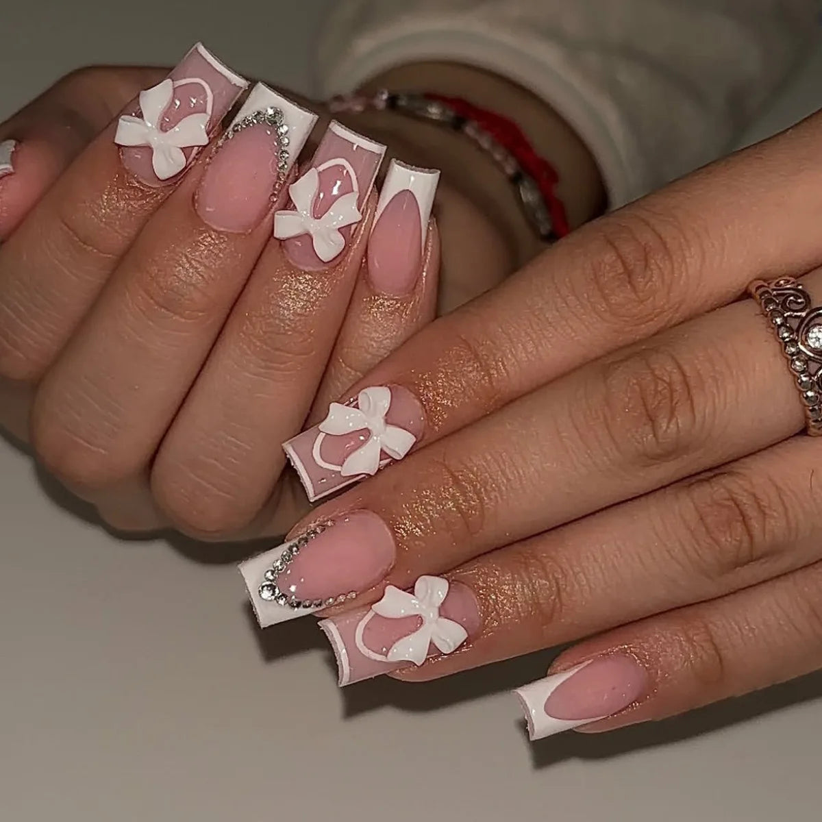 White French 3D Bow Press-On Nails – Classic Glam