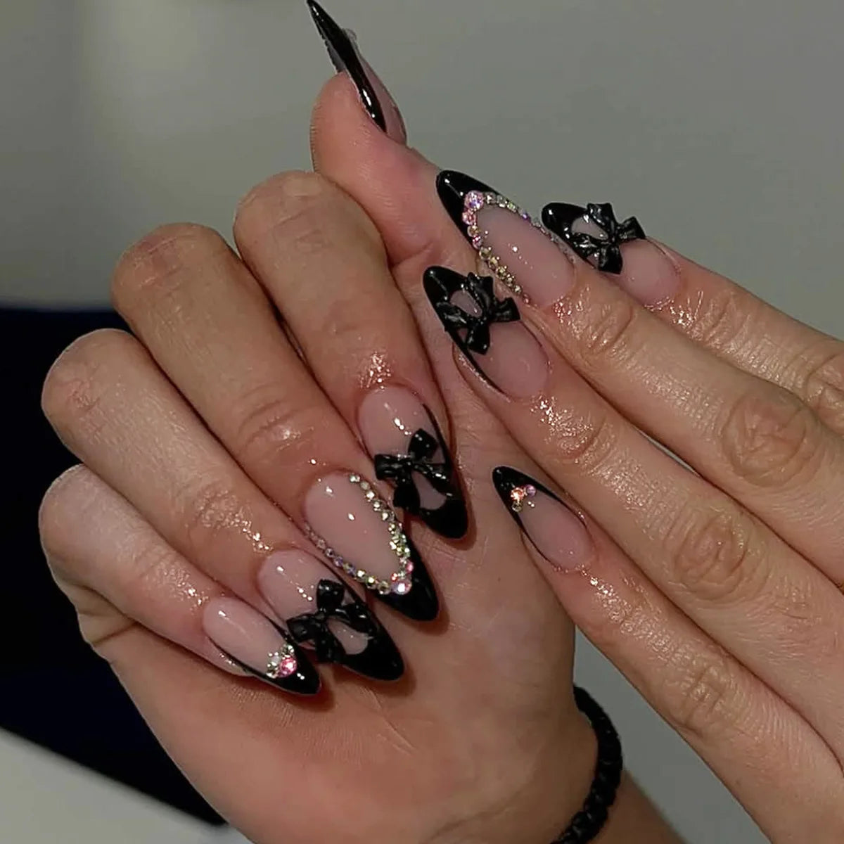 White French 3D Bow Press-On Nails – Classic Glam