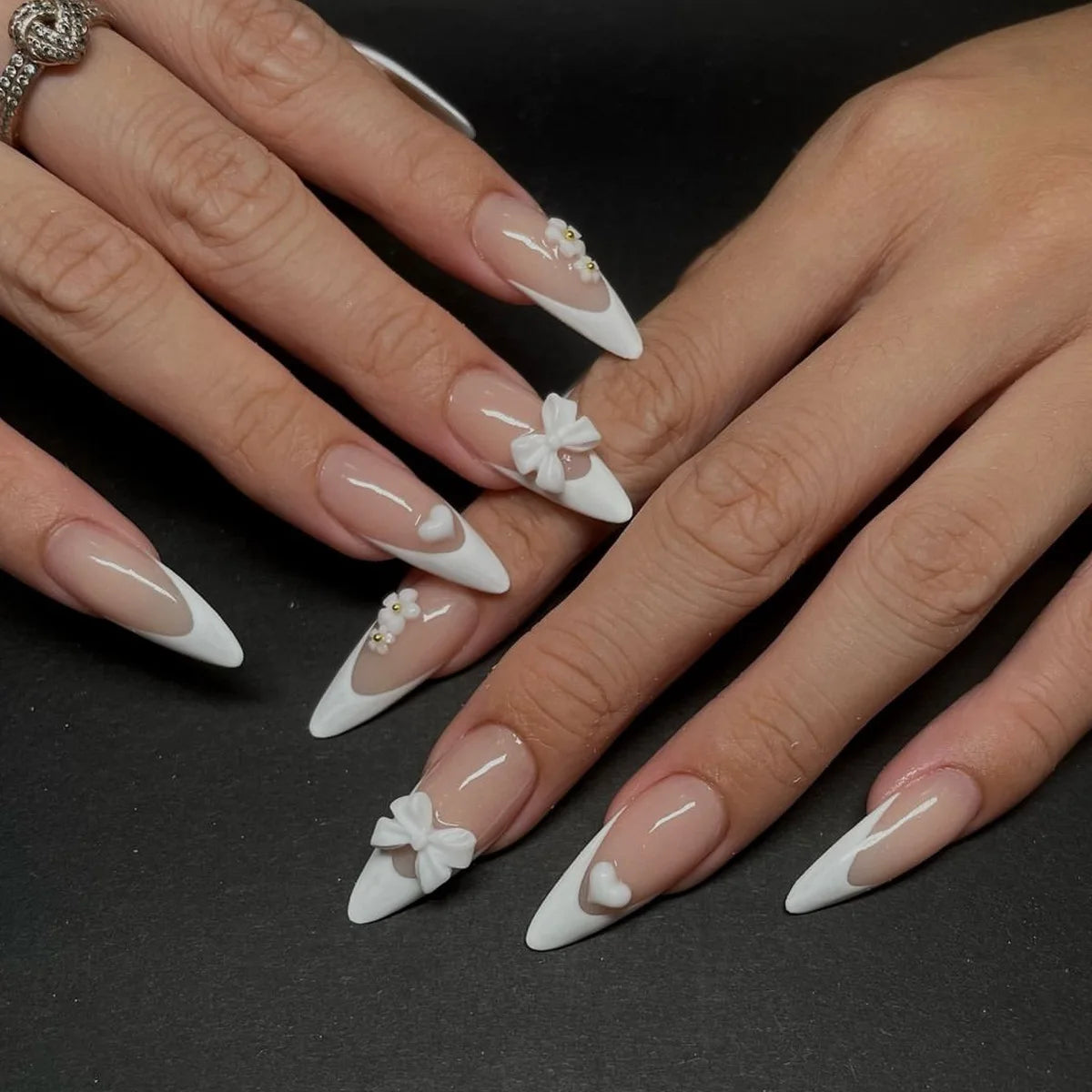 White French 3D Bow Press-On Nails – Classic Glam