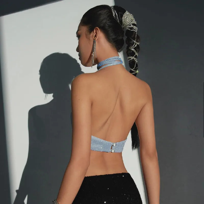 Irregular Shine Halter Crop Top – Deep V Allure
