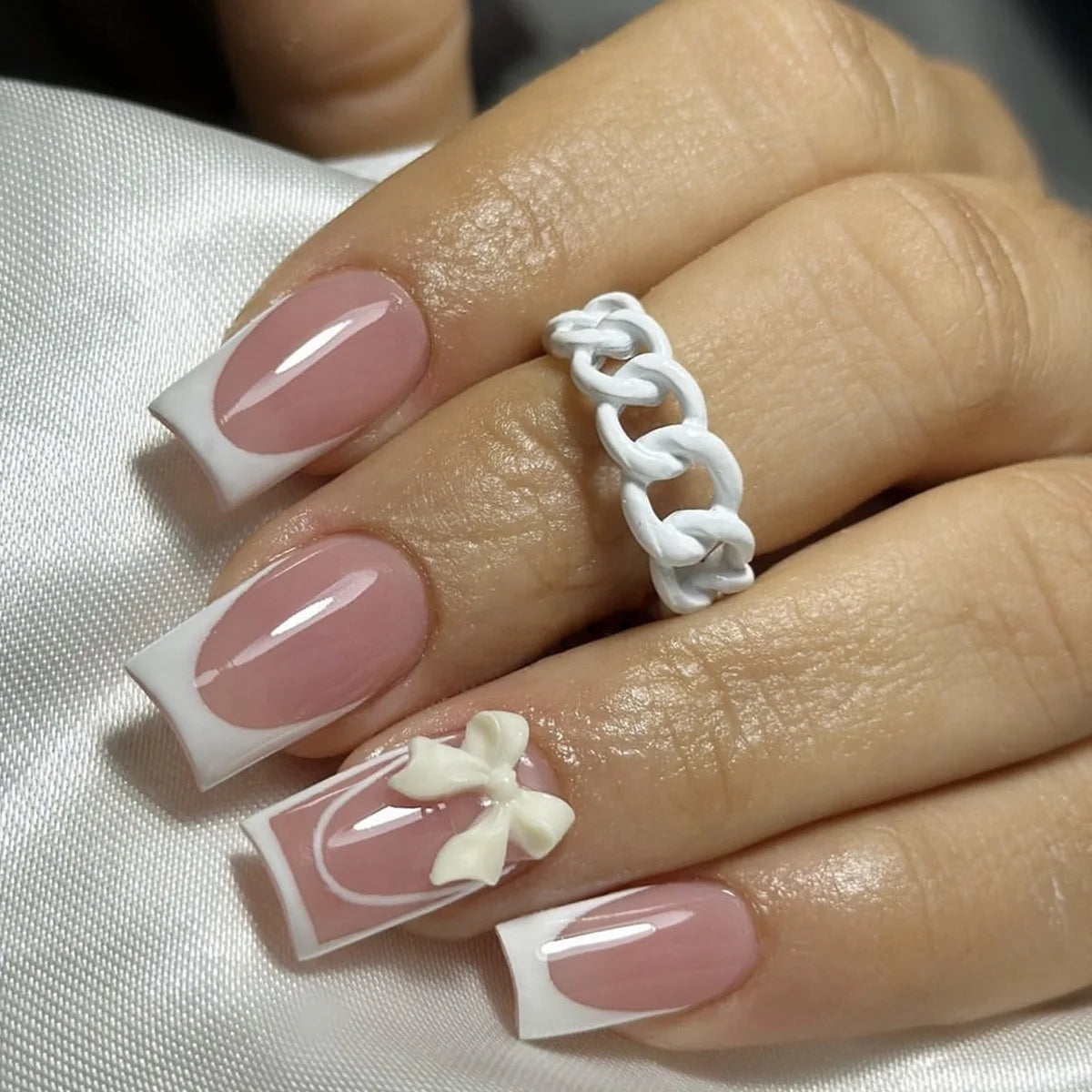 White French 3D Bow Press-On Nails – Classic Glam