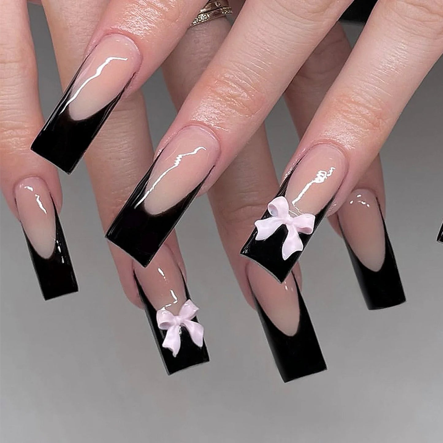 White French 3D Bow Press-On Nails – Classic Glam