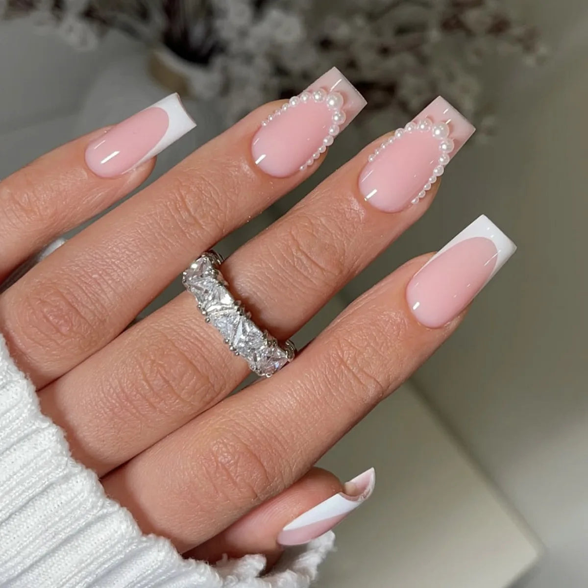 White French 3D Bow Press-On Nails – Classic Glam