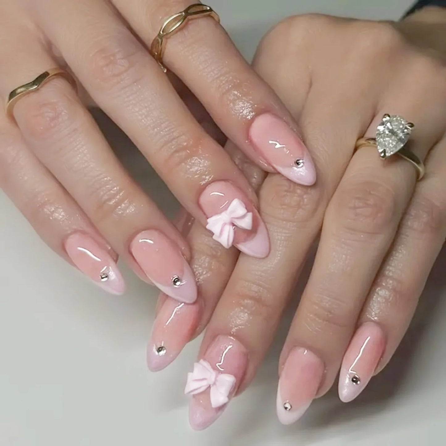 White French 3D Bow Press-On Nails – Classic Glam