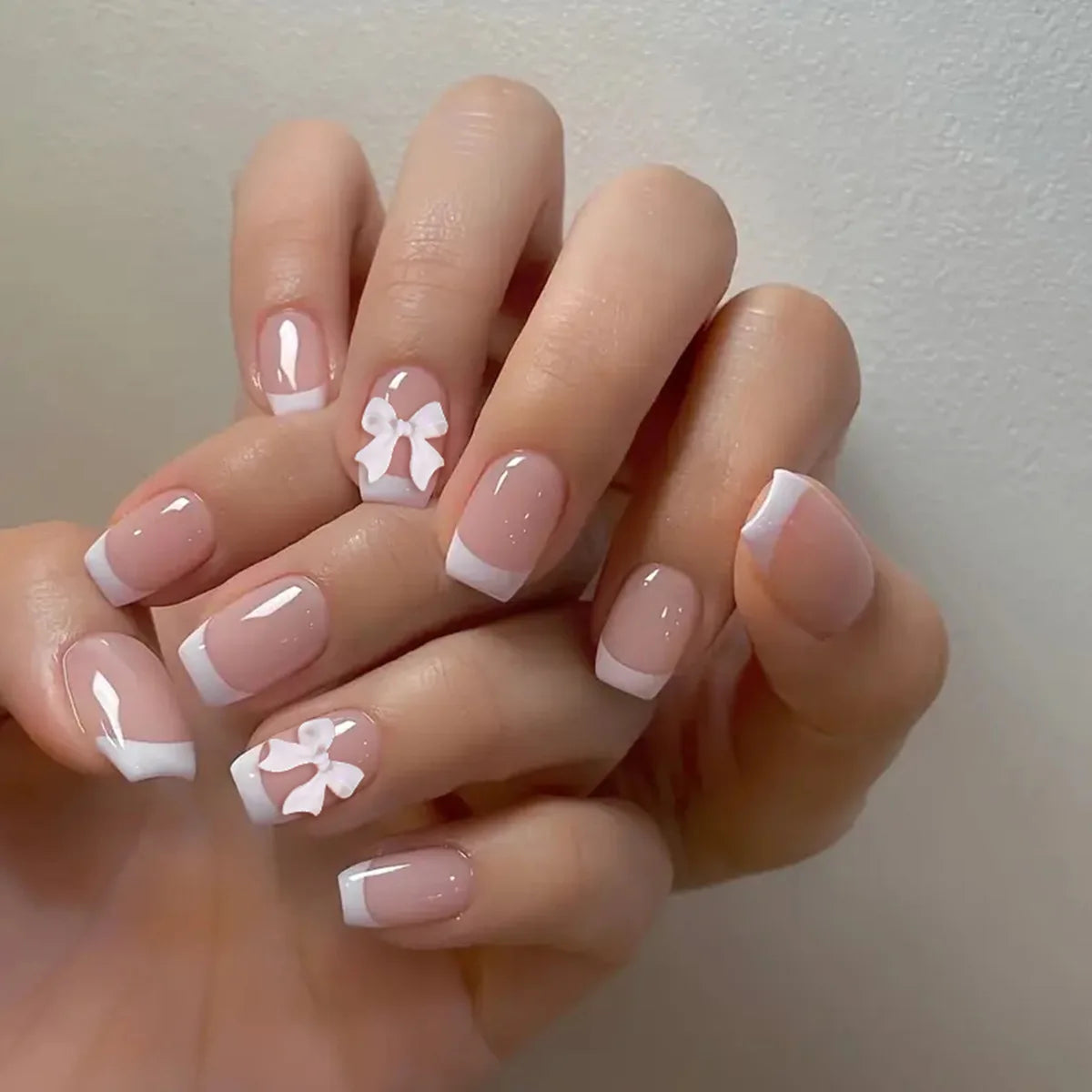 White French 3D Bow Press-On Nails – Classic Glam