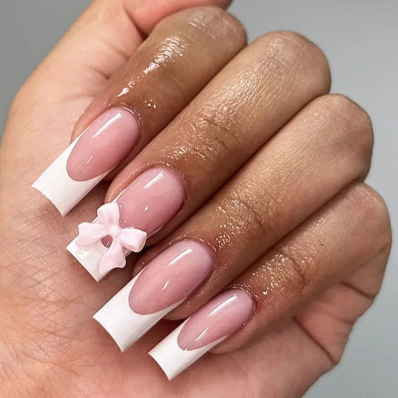 White French 3D Bow Press-On Nails – Classic Glam