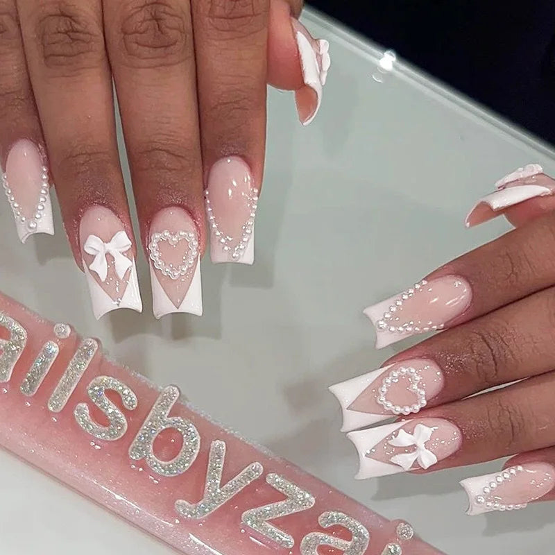 White French 3D Bow Press-On Nails – Classic Glam