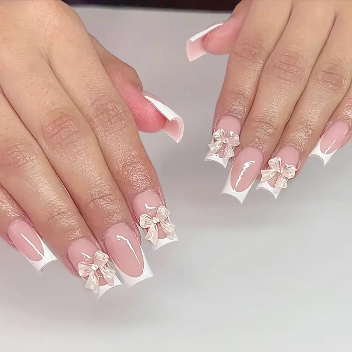 White French 3D Bow Press-On Nails – Classic Glam