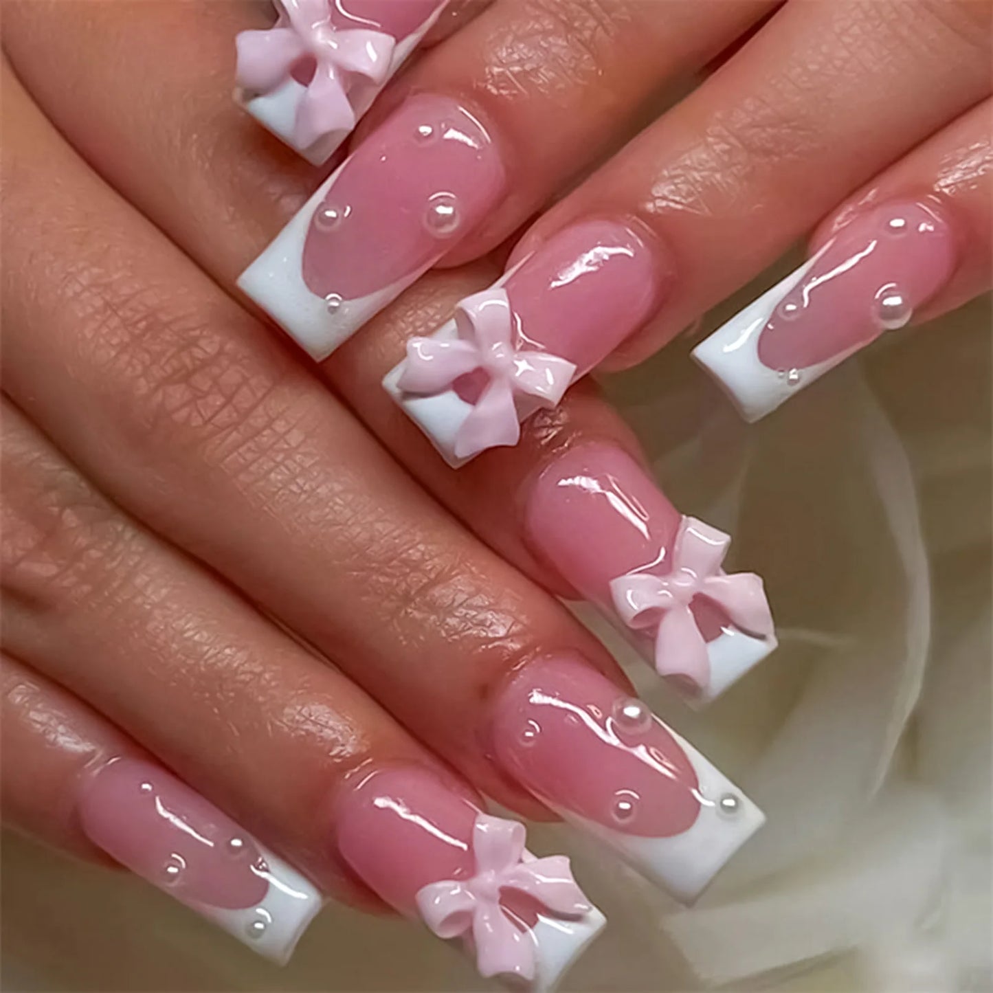 White French 3D Bow Press-On Nails – Classic Glam