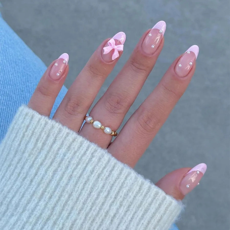 White French 3D Bow Press-On Nails – Classic Glam