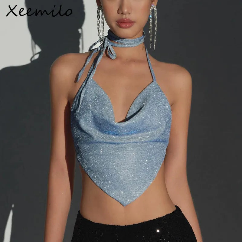 Irregular Shine Halter Crop Top – Deep V Allure