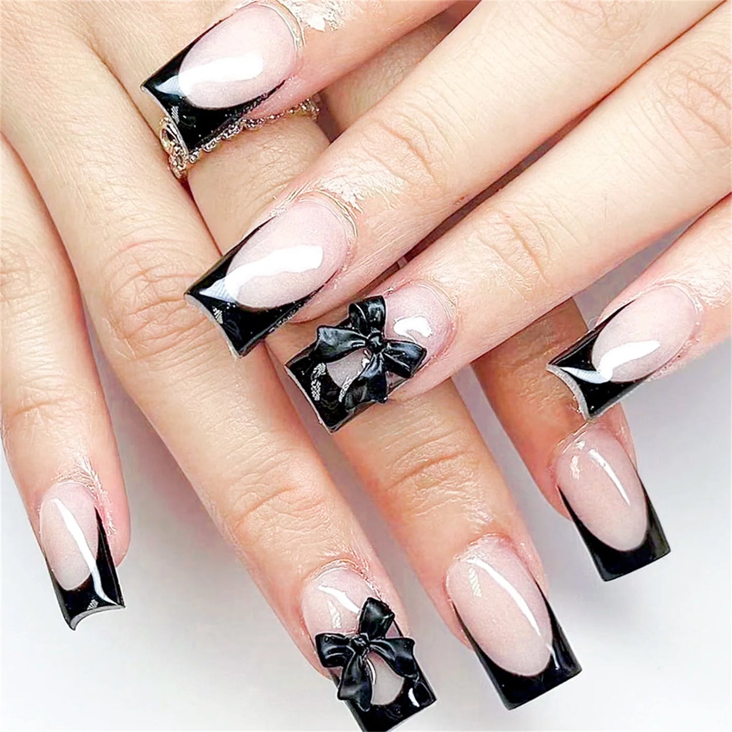 White French 3D Bow Press-On Nails – Classic Glam