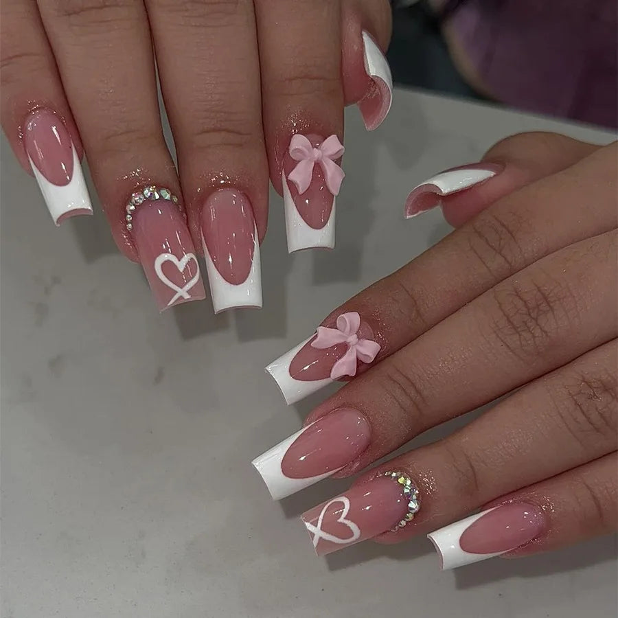 White French 3D Bow Press-On Nails – Classic Glam
